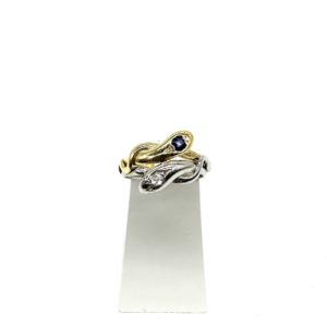 Bague toi et moi,or jaune et platine, diamant et saphir synthétique