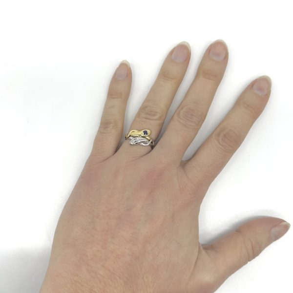 Bague toi et moi,or jaune et platine, diamant et saphir synthétique – Image 5