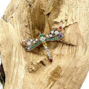 Broche libellule pierres fines et diamants